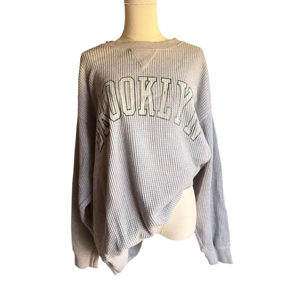 Aerie Brooklyn gray waffle knit sweatshirt with white 'BROOKLYN' text